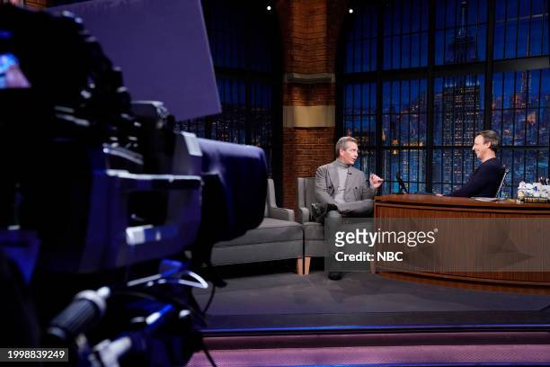 Episode 1484 -- Pictured: Actor Ben Mendelsohn during an interview with host Seth Meyers on February 12, 2024 --