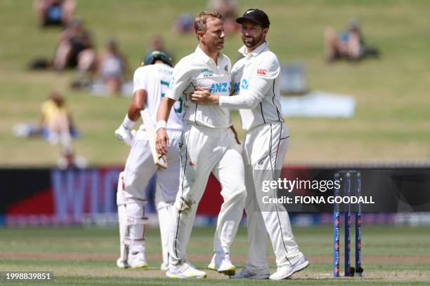 New Zealand's Neil Wagner reacts on day one of the second Test cricket match between New Zealand and South Africa at Seddon Park in Hamilton on...