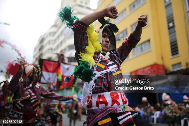 Man wearing traditional clothes dancew Tinku during the 2024 La Paz Carnival on February 12, 2024 in La Paz, Bolivia. The Jisk'a Anata, also know as...