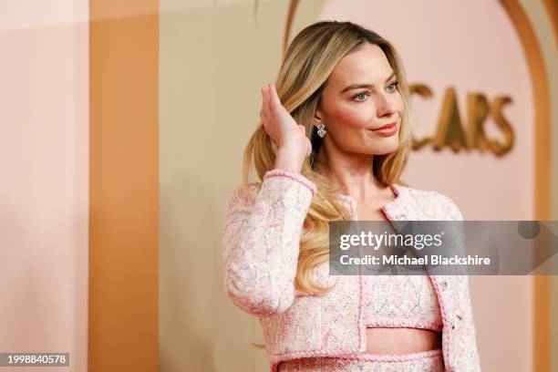 Beverly Hills , CA Australian actress Margot Robbie arriving at the 2024 Oscars Nominees Luncheon Red Carpet at the The Beverly Hilton Hotel in...