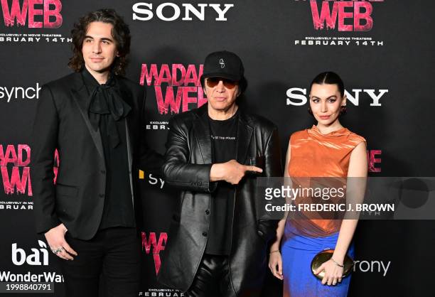 Musician Gene Simmons with his children Nick and Sophie arrive for the premiere of Sony's "Madame Web" in Los Angeles, California, on February 12,...