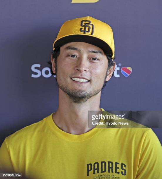 Yu Darvish meets the press at spring training with the San Diego Padres in Peoria, Arizona, on Feb. 12, 2024.