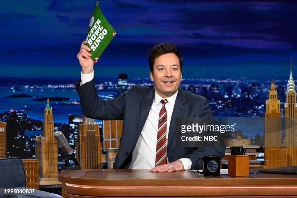 Episode 1922 -- Pictured: Host Jimmy Fallon during Super Bowl Bingo on Monday, February 12, 2024 --