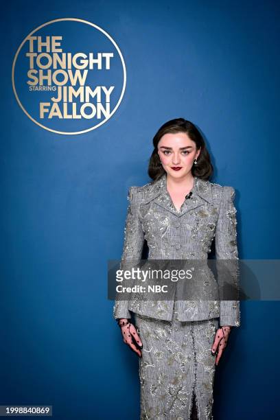 Episode 1922 -- Pictured: Actress Maisie Williams poses backstage on Monday, February 12, 2024 --