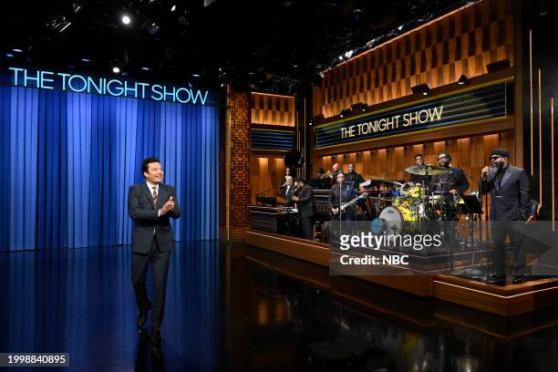 Episode 1922 -- Pictured: Host Jimmy Fallon and The Roots during the monologue on Monday, February 12, 2024 --