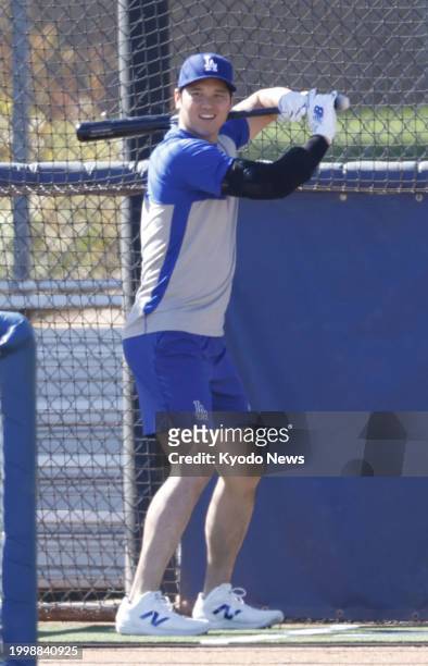 Shohei Ohtani takes batting practice at spring training with the Los Angeles Dodgers in Glendale, Arizona, on Feb. 12, 2024.