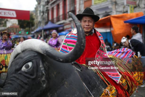 Man wearing traditional clothes dances Waka Waka during the 2024 La Paz Carnival on February 12, 2024 in La Paz, Bolivia. The Jisk'a Anata, also know...