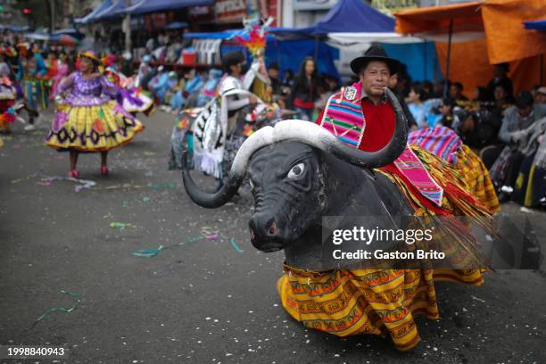 Man wearing traditional clothes dance Waka Waka during the 2024 La Paz Carnival on February 12, 2024 in La Paz, Bolivia. The Jisk'a Anata, also know...