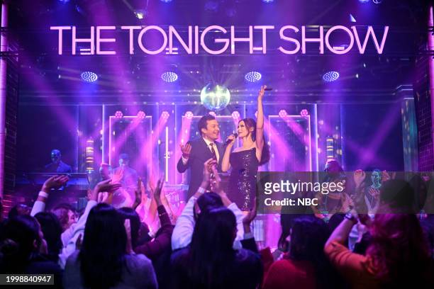 Episode 1922 -- Pictured: Host Jimmy Fallon with musical guest Sophie Ellis-Bextor during Goodnights & Credits on Monday, February 12, 2024 --