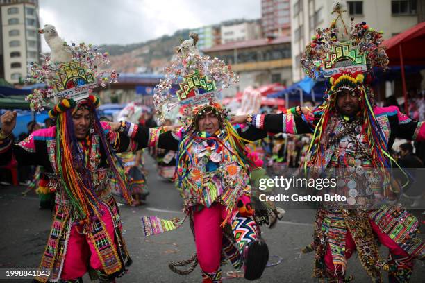 Men wearing traditional clothes dance Tinku during the 2024 La Paz Carnival on February 12, 2024 in La Paz, Bolivia. The Jisk'a Anata, also know as...