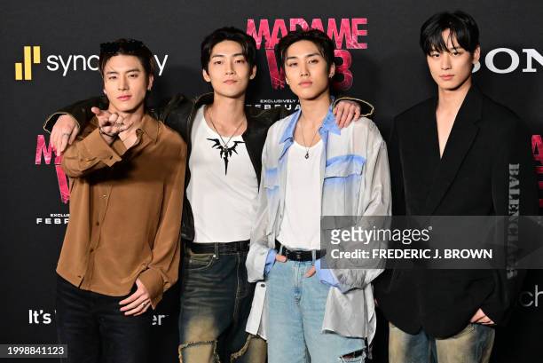 Singers Eric, Kecin, Jacob and Juyeon from South Korean boy band The Boyz, arrive for the premiere of Sony's "Madame Web" in Los Angeles, California,...