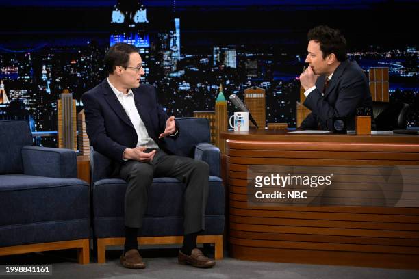 Episode 1922 -- Pictured: Journalist Steve Kornacki during an interview with host Jimmy Fallon on Monday, February 12, 2024 --