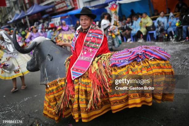 Man wearing traditional clothes dances Waka Waka during the 2024 La Paz Carnival on February 12, 2024 in La Paz, Bolivia. The Jisk'a Anata, also know...