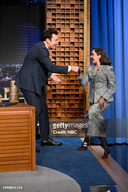 Episode 1922 -- Pictured: Host Jimmy Fallon greets actress Maisie Williams on Monday, February 12, 2024 --