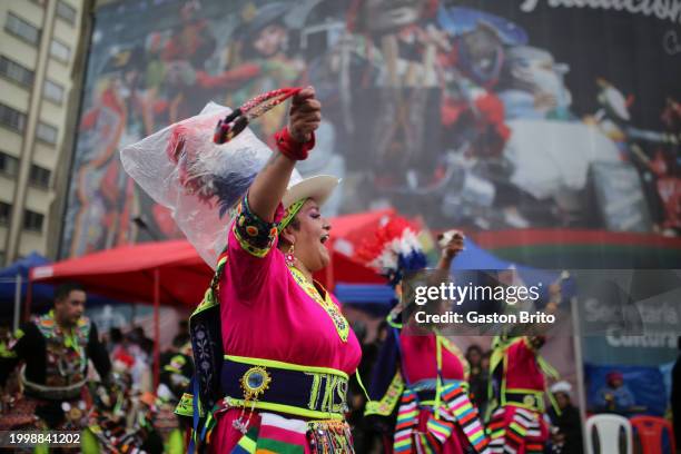 Women wearing traditional clothes dance Tinku during the 2024 La Paz Carnival on February 12, 2024 in La Paz, Bolivia. The Jisk'a Anata, also know as...