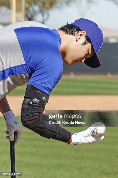 Shohei Ohtani is pictured during batting practice at spring training with the Los Angeles Dodgers in Glendale, Arizona, on Feb. 12, 2024.