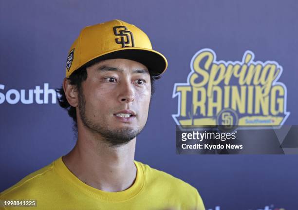 Yu Darvish meets the press at spring training with the San Diego Padres in Peoria, Arizona, on Feb. 12, 2024.