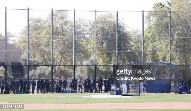 Shohei Ohtani takes batting practice at spring training with the Los Angeles Dodgers in Glendale, Arizona, on Feb. 12, 2024.