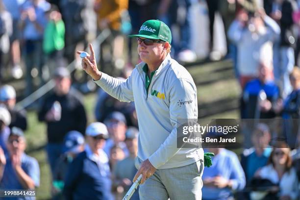 Charley Hoffman waves his ball on the 10th green during the final round of WM Phoenix Open at TPC Scottsdale on February 11, 2024 in Scottsdale,...