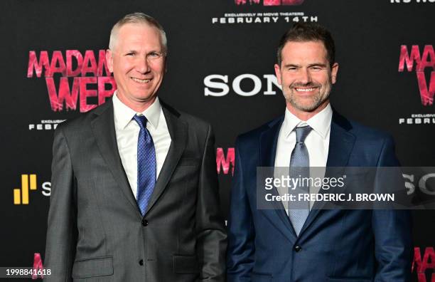 Writers Matt Sazama and Burk Sharpless arrive for the premiere of Sony's "Madame Web" in Los Angeles, California, on February 12, 2024.