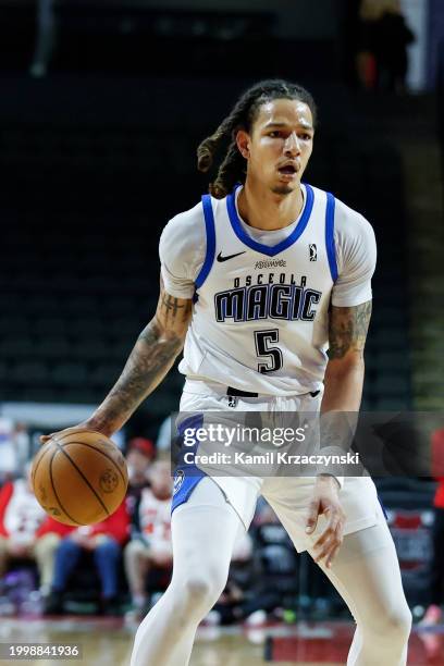 Wilson of the Osceola Magic brings the ball up court during the game against the Windy City Bulls on February 8, 2024 at NOW Arena in Hoffman...