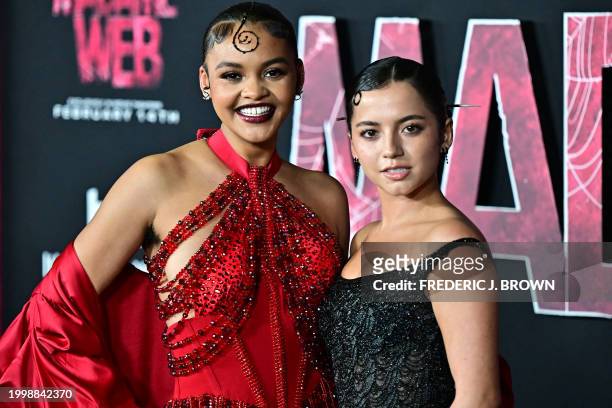 Actresses Celeste O'Connor and Isabela Merced arrive for the premiere of Sony's "Madame Web" in Los Angeles, California, on February 12, 2024.