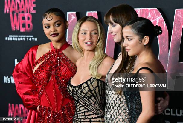 Actresses Celeste O'Connor, Sydney Sweeney, Dakota Johnson and Isabela Merced arrive for the premiere of Sony's "Madame Web" in Los Angeles,...
