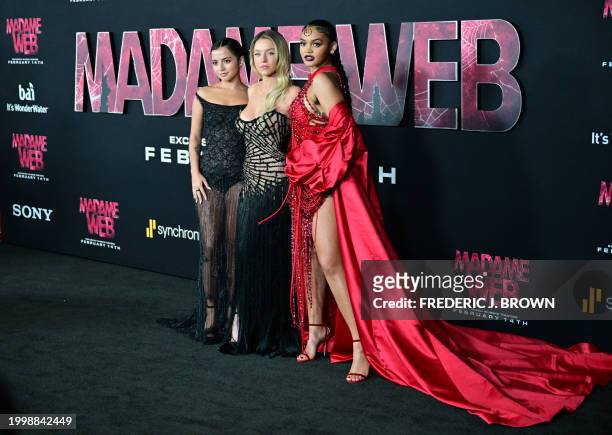 Actresses Isabela Merced, Sydney Sweeneyand Celeste O'Connor arrive for the premiere of Sony's "Madame Web" in Los Angeles, California, on February...