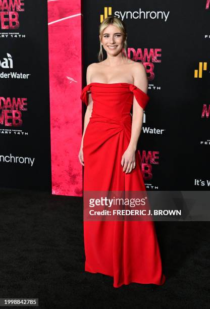 Actress Emma Roberts arrives for the premiere of Sony's "Madame Web" in Los Angeles, California, on February 12, 2024.