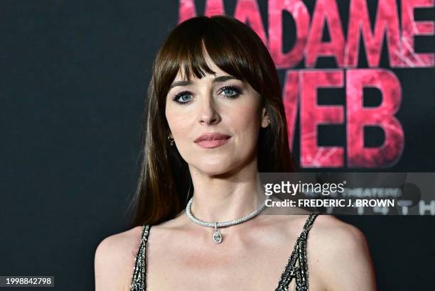 Actress Dakota Johnson arrives for the premiere of Sony's "Madame Web" in Los Angeles, California, on February 12, 2024.