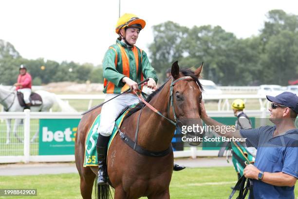 Lucky Compass ridden by Alana Kelly returns to the mounting yard after winning the Organs Coaches Maiden Plate at Kyneton Racecourse on February 13,...