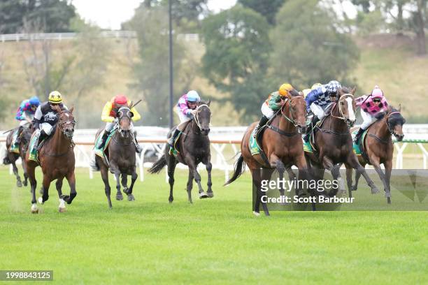 Lucky Compass ridden by Alana Kelly wins the Organs Coaches Maiden Plate at Kyneton Racecourse on February 13, 2024 in Kyneton, Australia.