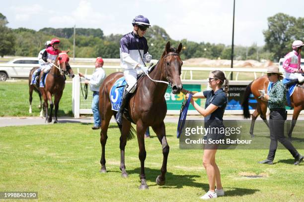 Noyers ridden by Jordan Childs returns to the mounting yard after winning the bet365 Protest Promise Maiden Plate at Kyneton Racecourse on February...