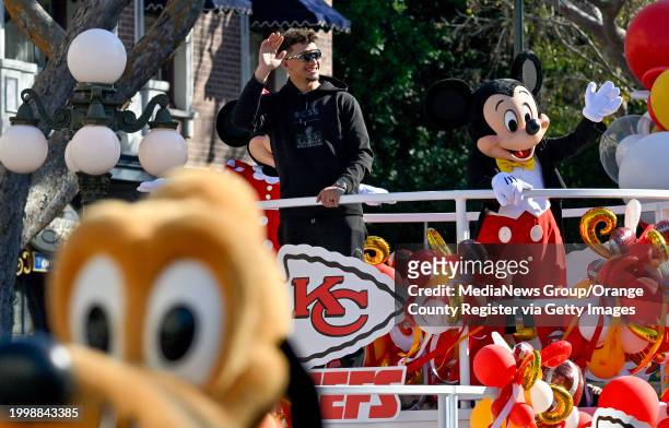 Anaheim, CA Super Bowl LVIII MVP, Kansas City Chiefs quarterback Patrick Mahomes, greets fans on Main Street., U.S.A, during a cavalcade through...