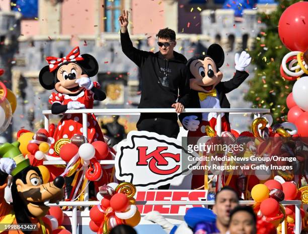 Anaheim, CA Super Bowl LVIII MVP, Kansas City Chiefs quarterback Patrick Mahomes, greets fans on Main Street., U.S.A, during a cavalcade through...