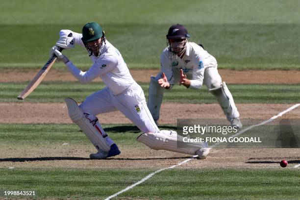South Africa's Ruan de Swardt plays a shot on day one of the second Test cricket match between New Zealand and South Africa at Seddon Park in...