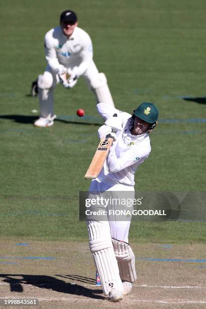 South Africa's Ruan de Swardt plays a shot on day one of the second Test cricket match between New Zealand and South Africa at Seddon Park in...