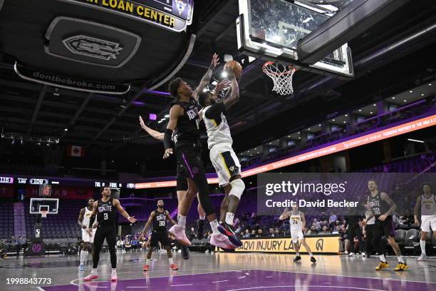 Jordan Bell of the Indiana Mad Ants drives to the basket during the game against G League Ignite on February 12, 2024 at The Dollar Loan Center in...