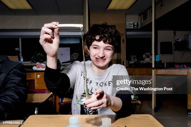 January 31: Junior Maria Zia laughs after creating a non-Newtonian fluid at Warren Mott High School in Warren, Michigan on January 31, 2024.