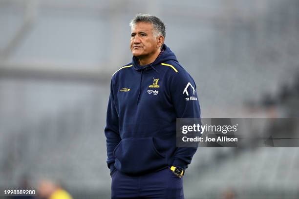 Jamie Joseph of the Highlanders looks on ahead of the Super Rugby Pacific Pre-Season match between Highlanders and Hurricanes at Forsyth Barr Stadium...