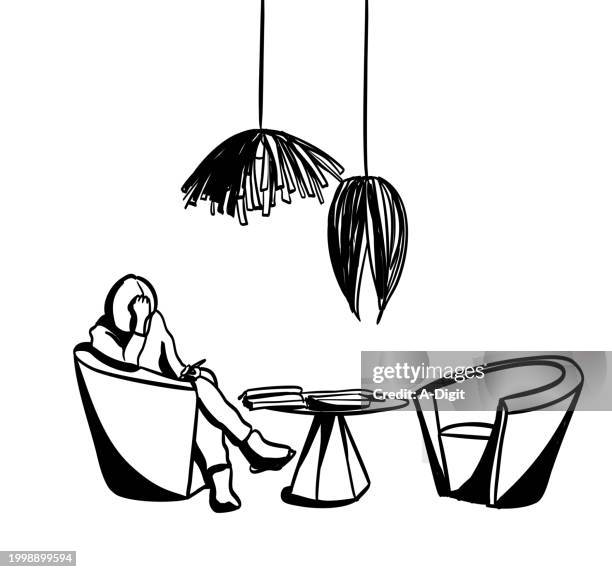 introspection and thinking ink - cafe window stock illustrations