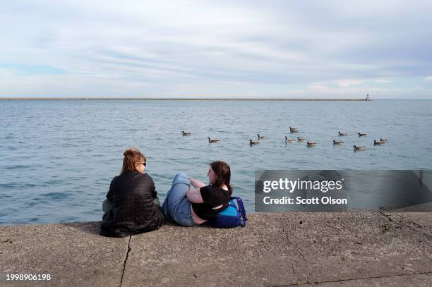 People visit the lakefront as temperatures climbed to near 60 Fahrenheit degrees, more than 20 degrees above normal on February 09, 2024 in Chicago,...