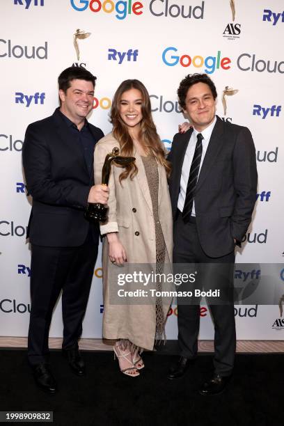 Chris Miller, Hailee Steinfeld, and Phil Lord pose with the Best Feature - Animation Award for 'Spider-Man: Across the Spider-Verse' during the 14th...