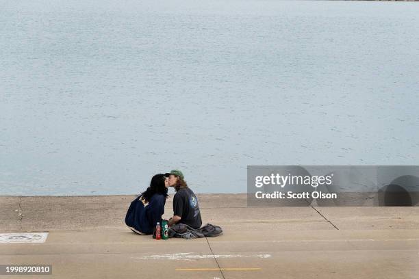 People visit the lakefront as temperatures climbed to near 60 Fahrenheit degrees, more than 20 degrees above normal on February 09, 2024 in Chicago,...