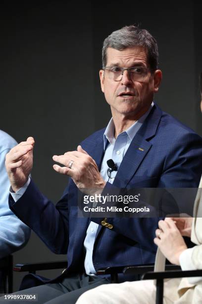Jim Harbaugh speaks onstage during Verizon’s press conference at Verizon Live at Super Bowl LVIII on February 09, 2024 in Las Vegas, Nevada.
