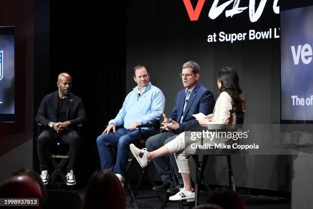 Gary Brantley, Kyle Malady, Jim Harbaugh, and Mina Kimes speak onstage during Verizon’s press conference at Verizon Live at Super Bowl LVIII on...