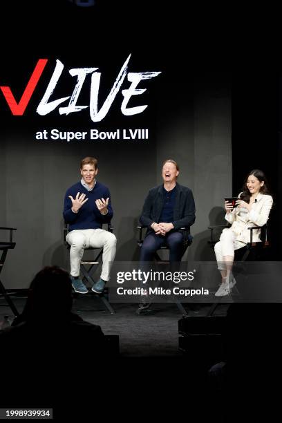 Kyle Malady, Jim Harbaugh, and Mina Kimes speak onstage during Verizon’s press conference at Verizon Live at Super Bowl LVIII on February 09, 2024 in...