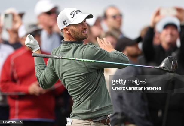 Wyndham Clark of the United States reacts to his shot from the 15th tee during the second round of the WM Phoenix Open at TPC Scottsdale on February...