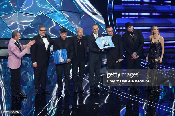 Geolier receives an award during the 74th Sanremo Music Festival 2024 at Teatro Ariston on February 09, 2024 in Sanremo, Italy.