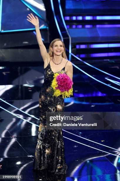 Lorella Cuccarini attends the 74th Sanremo Music Festival 2024 at Teatro Ariston on February 09, 2024 in Sanremo, Italy.